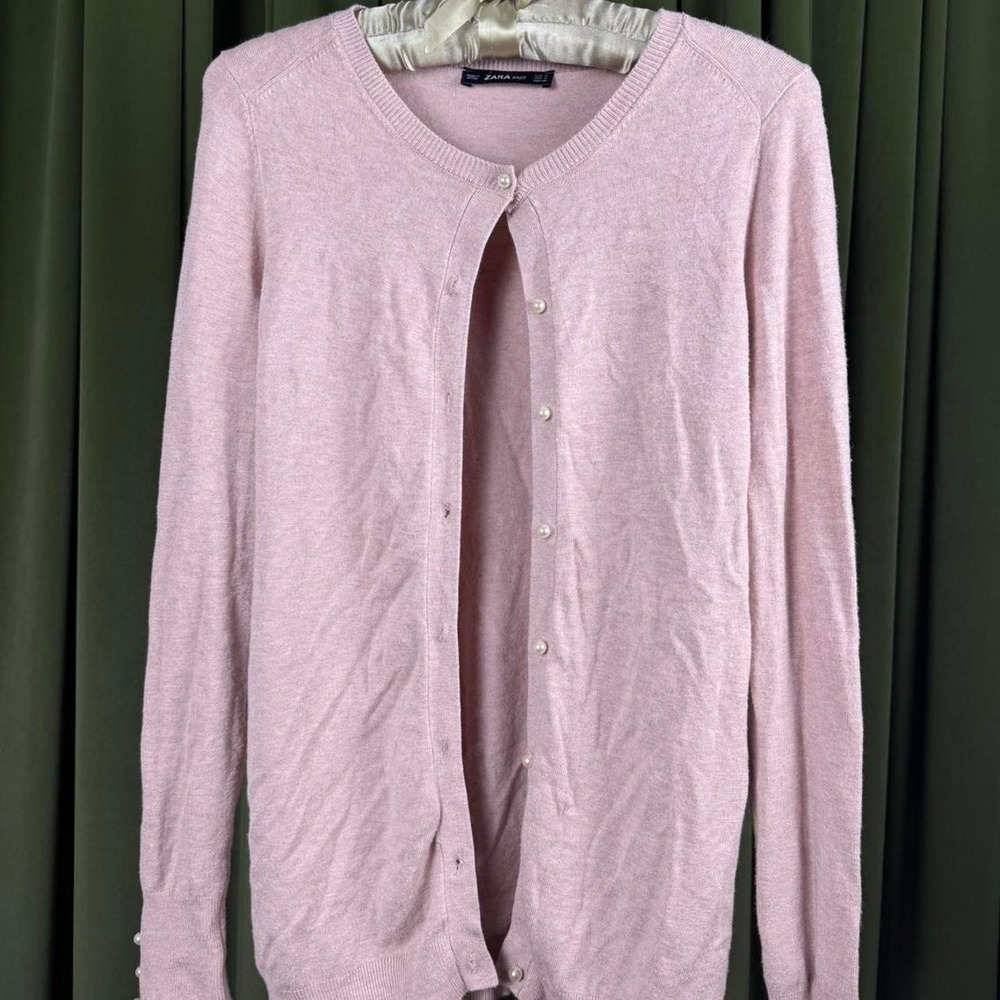 Zara Knit Pink Cardigan Faux Pearl Button Front Sweater Womens Size Medium